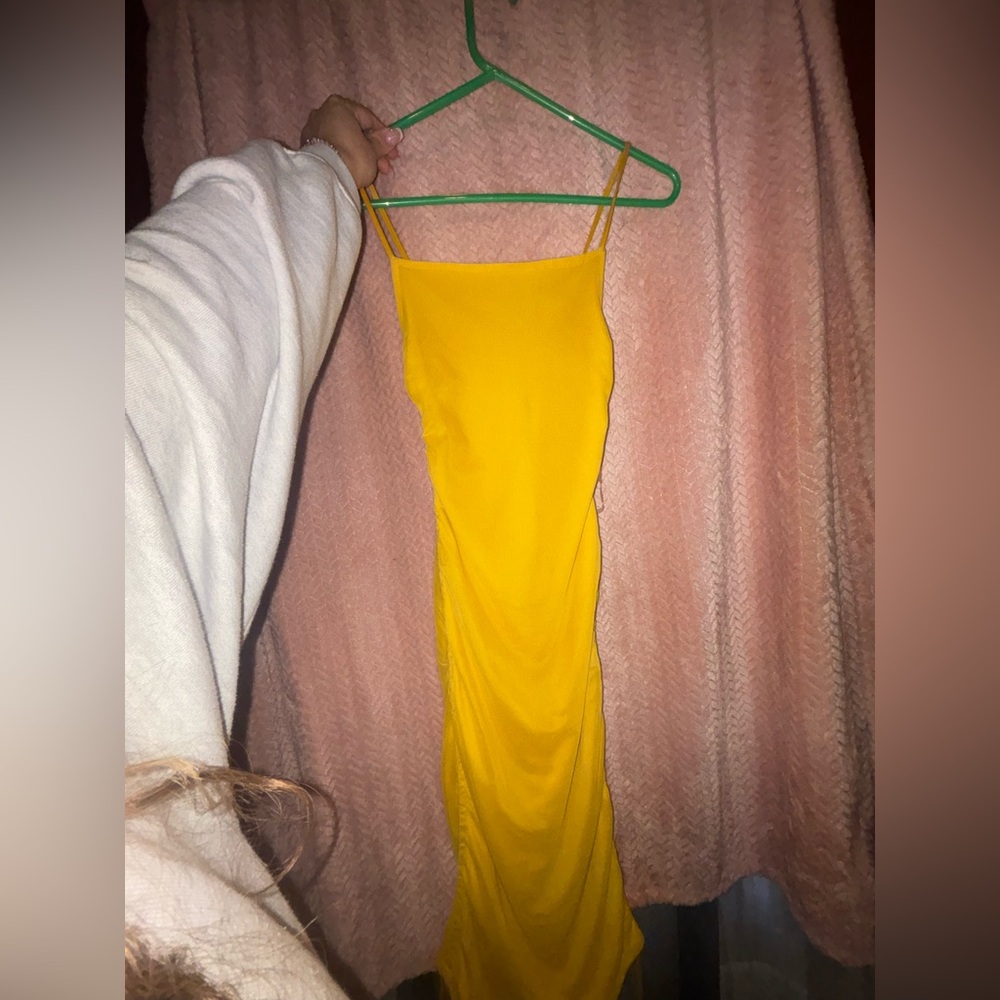 Slim Yellow Midi Slip Dress with Spaghetti Straps